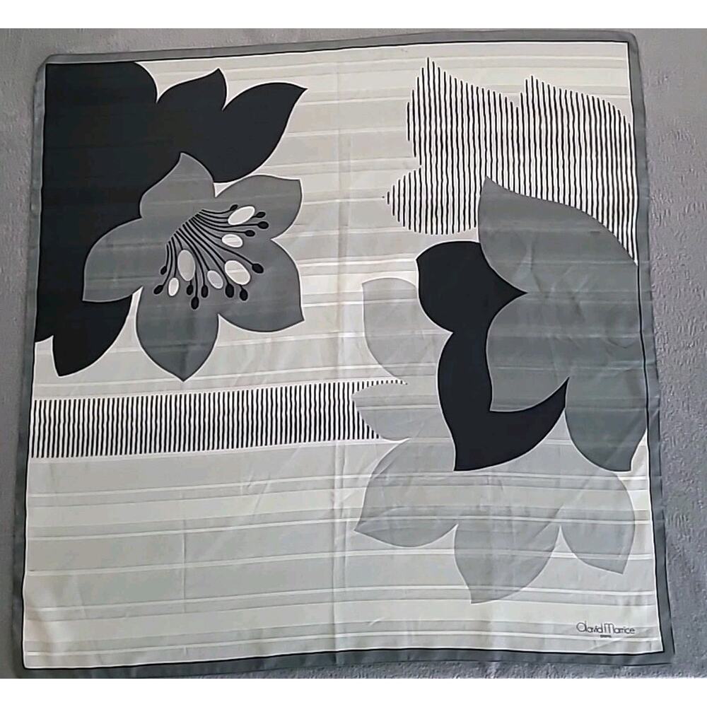 VTG David Marrice Paris Black White Floral Scarf Retro